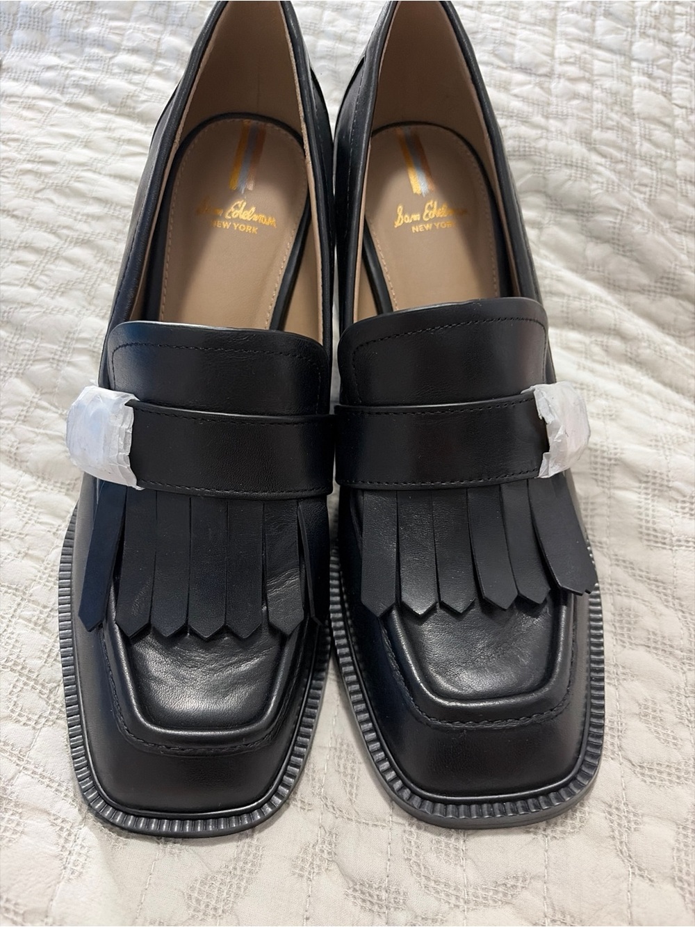 NWOT Sam Edelman Quinly Black Leather Kiltie Fringe Block Heel Loafers - 8.5 - Picture 3 of 10